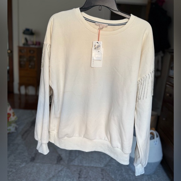 NWT Skies Are Blue Rhinestone Sleeve Cotton Blend Swearshirt / Medium - Picture 2 of 9